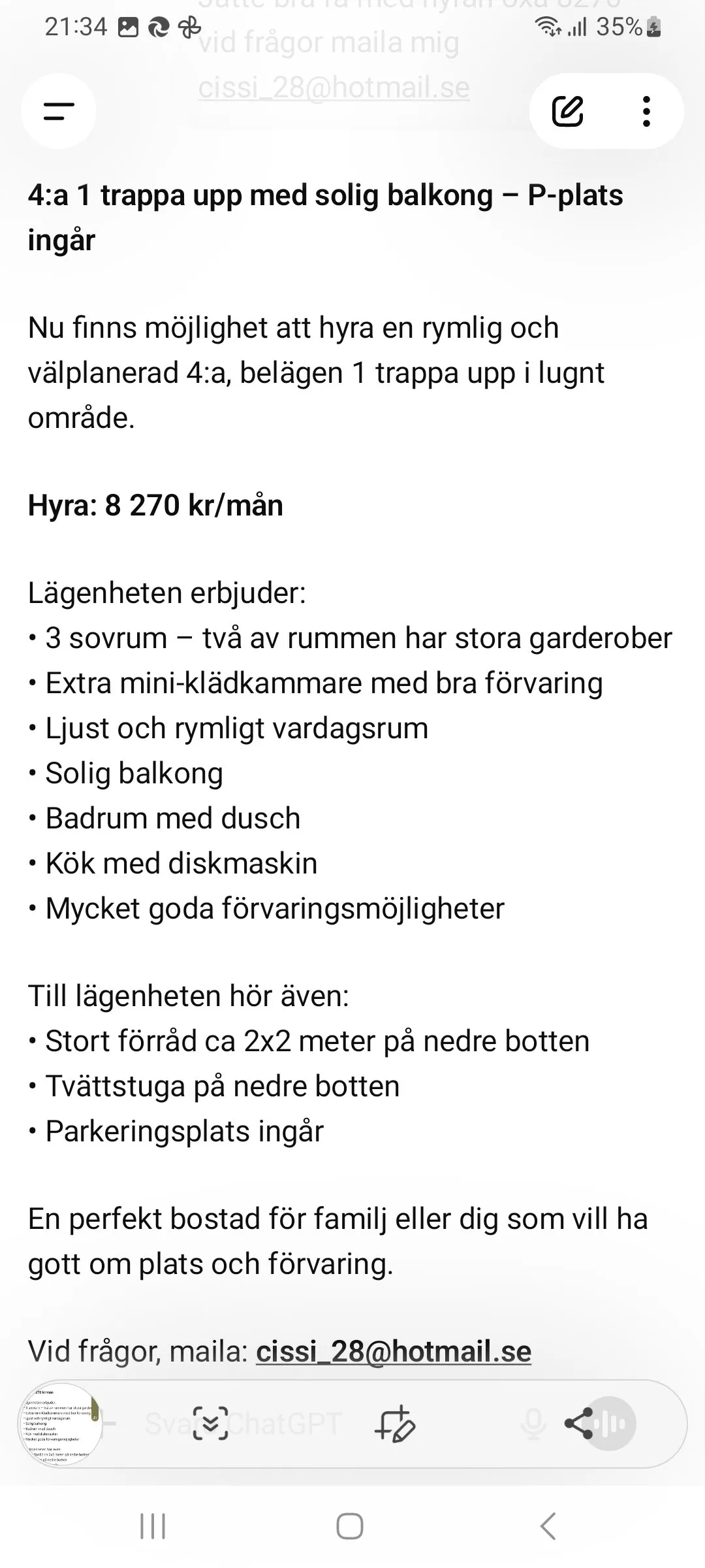 Hyreslägenhet på Härnösand i harnosand